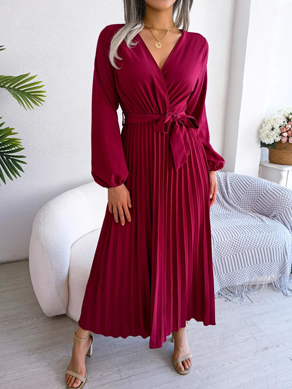 Pleated V-Neck Dress – Velin London™
