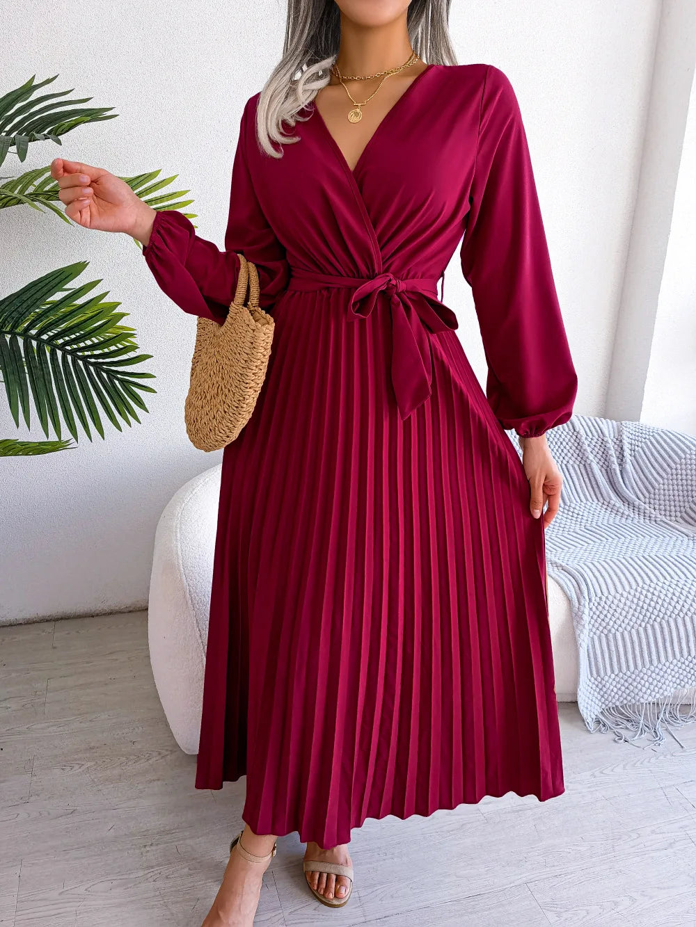 Pleated V-Neck Dress – Velin London™